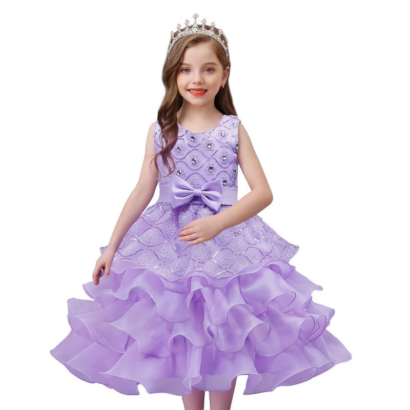 DreamHigh Wedding Flower Girl's Ruffles Lace Cute Bow Waist Evening Dress up Purple 5-6 Years - Image 3